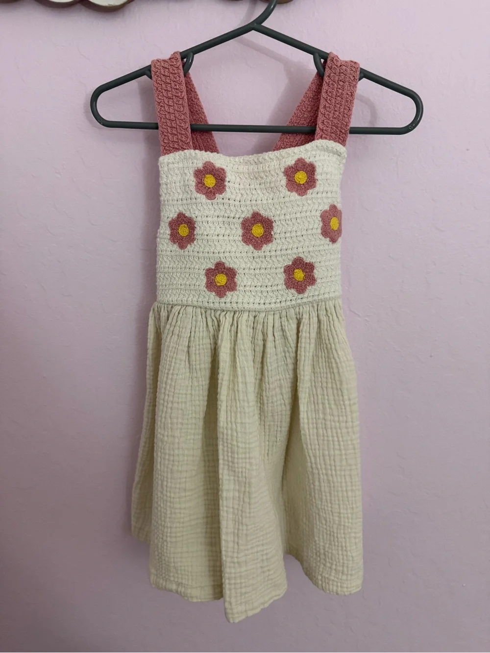 Cream & Pink Flower Crochet Bodice Girls Dress